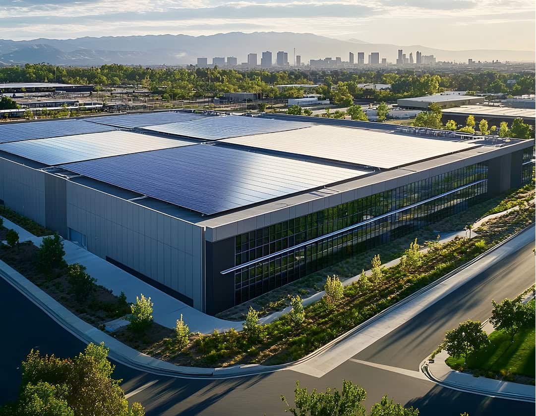 Modern infrastructure building with solar panels